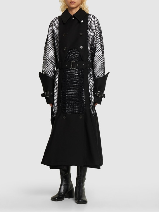 Noir Kei Ninomiya: Wool & mohair net belted midi coat - Siyah - women_1 | Luisa Via Roma