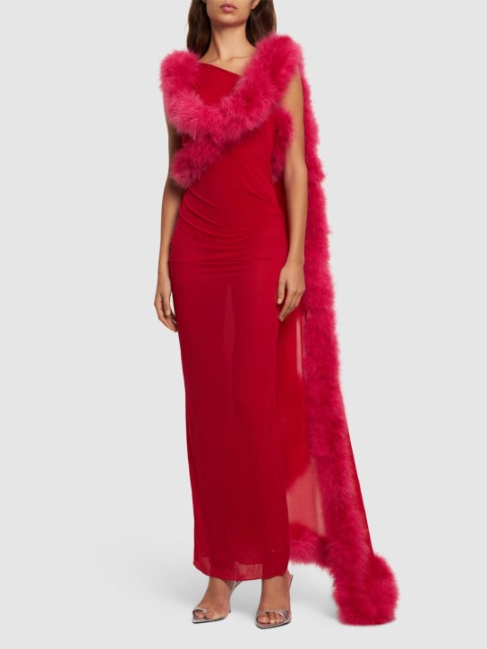 The Attico: Sheer jersey midi dress w/ feather trim - Red - women_1 | Luisa Via Roma