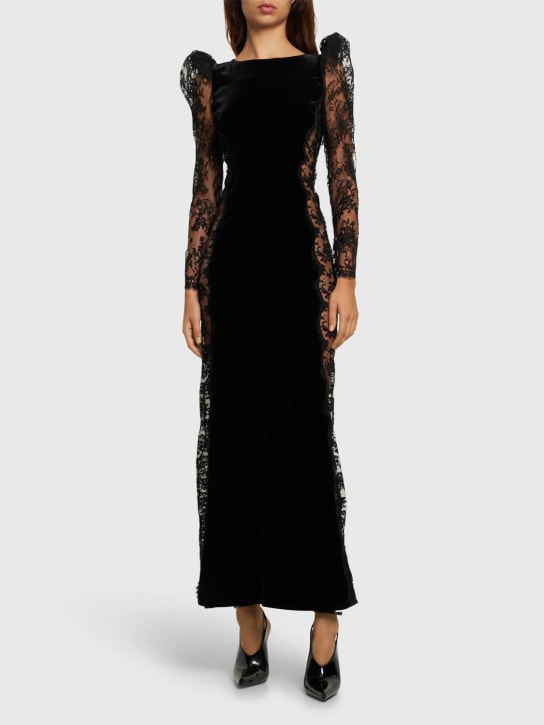 Alessandra Rich: Langes, hinten offenes Samtkleid mit Spitze - Schwarz - women_1 | Luisa Via Roma