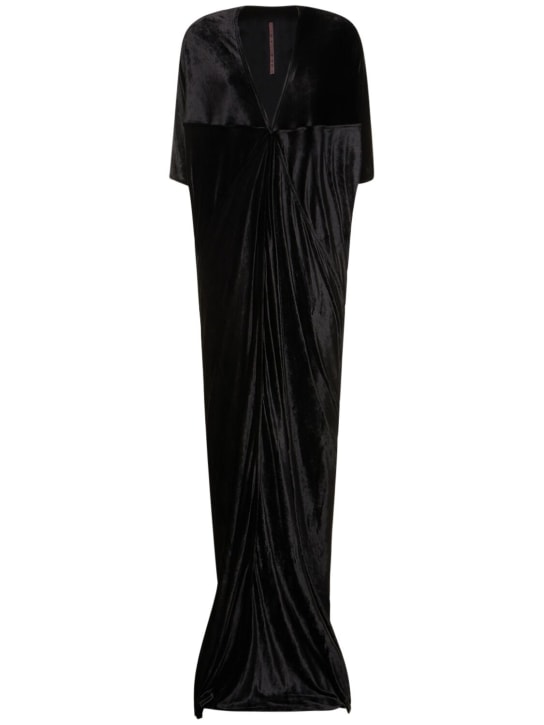 Rick Owens: Em velvet v neck draped long dress - Siyah - women_0 | Luisa Via Roma
