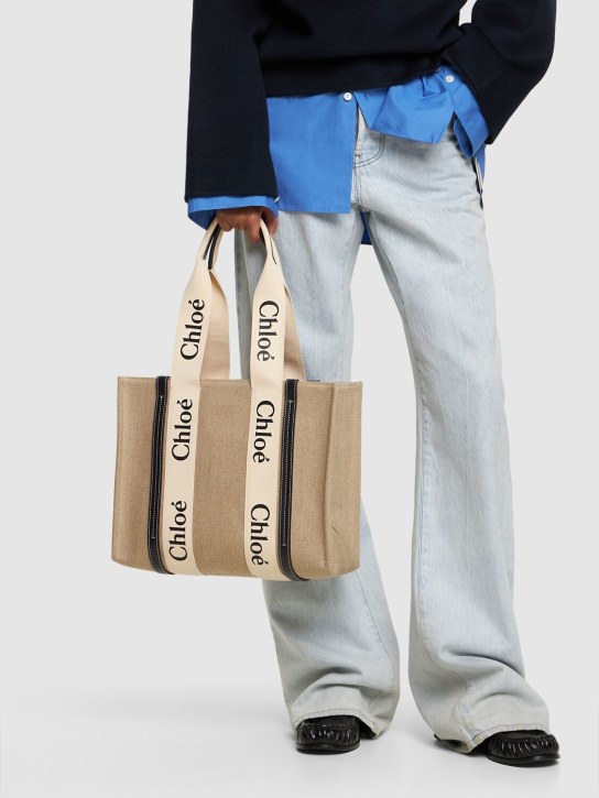 Chloé: Medium Woody canvas tote bag - Beige/Blue - women_1 | Luisa Via Roma