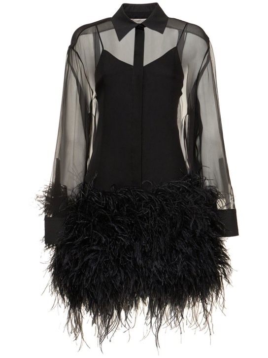 Valentino: Robe chemise courte en mousseline de soie & plumes - Noir - women_0 | Luisa Via Roma