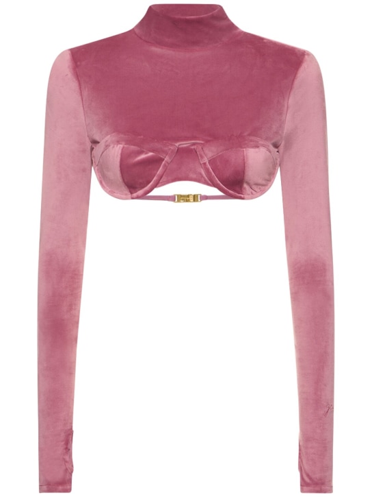 GCDS: GCDS cropped velvet long sleeve top - Pink - women_0 | Luisa Via Roma