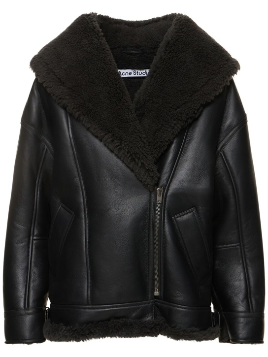 Acne Studios: Leather shearing jacket w/shawl collar - Siyah - women_0 | Luisa Via Roma