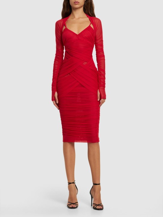 Dolce&Gabbana: Vestido midi de tul drapeado - Rojo - women_1 | Luisa Via Roma