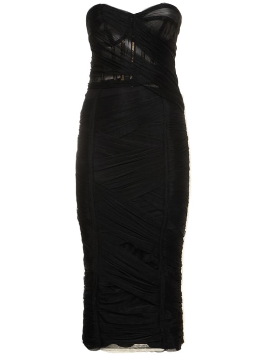 Dolce&Gabbana: Draped tulle strapless midi corset dress - Siyah - women_0 | Luisa Via Roma