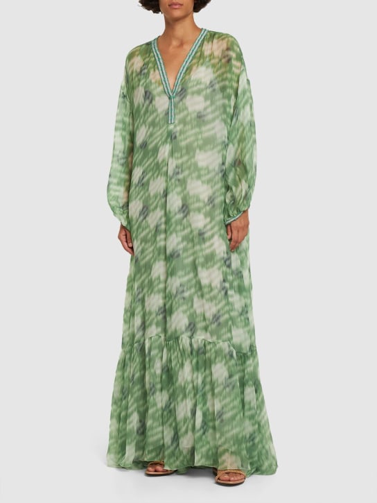 Giorgio Armani: 실크 조젯 프린트 카프탄 드레스 - 그린 - women_1 | Luisa Via Roma
