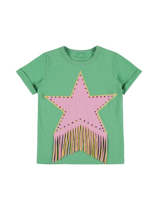Stella Mccartney Kids: Camiseta de algodón con flecos - Verde/Azul - kids-girls_0 | Luisa Via Roma