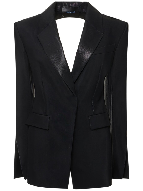 MUGLER: Shiny twill open back fitted jacket - Siyah - women_0 | Luisa Via Roma