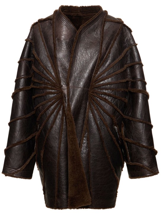 Rick Owens: Reversible shearling & leather overcoat - Brown - women_0 | Luisa Via Roma