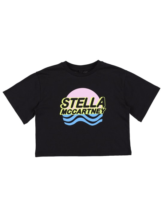 Stella Mccartney Kids: Bauchfreies T-Shirt aus Baumwolle mit Druck - Schwarz - kids-girls_0 | Luisa Via Roma