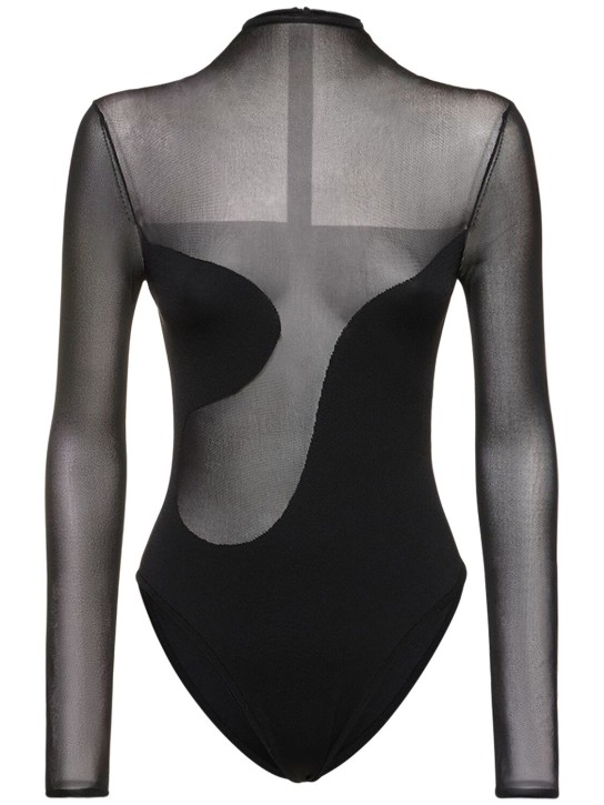 Nensi Dojaka: Jersey & tulle mock neck bodysuit - Schwarz - women_0 | Luisa Via Roma