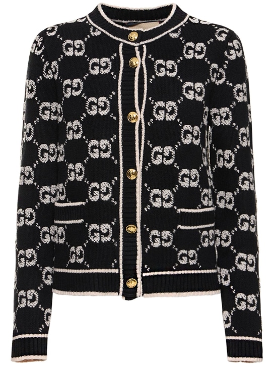 Gucci: Cardigan en jacquard de laine bouclée GG - Noir/Ivoire - women_0 | Luisa Via Roma