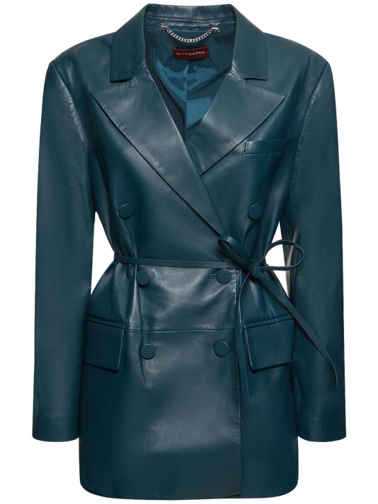 ALTUZARRA: Veste en cuir avec ceinture Hattson - Vert D'Eau - women_0 | Luisa Via Roma