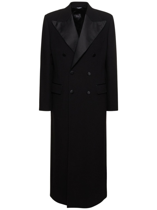 Dolce&Gabbana: Wool crepe double breasted long coat - Black - men_0 | Luisa Via Roma
