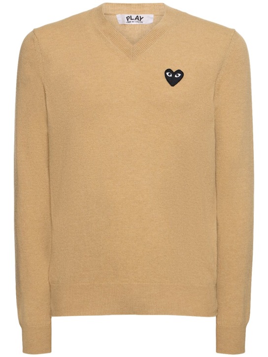 Comme des Garçons Play: Play logo knit wool V-neck sweater - Bej - men_0 | Luisa Via Roma
