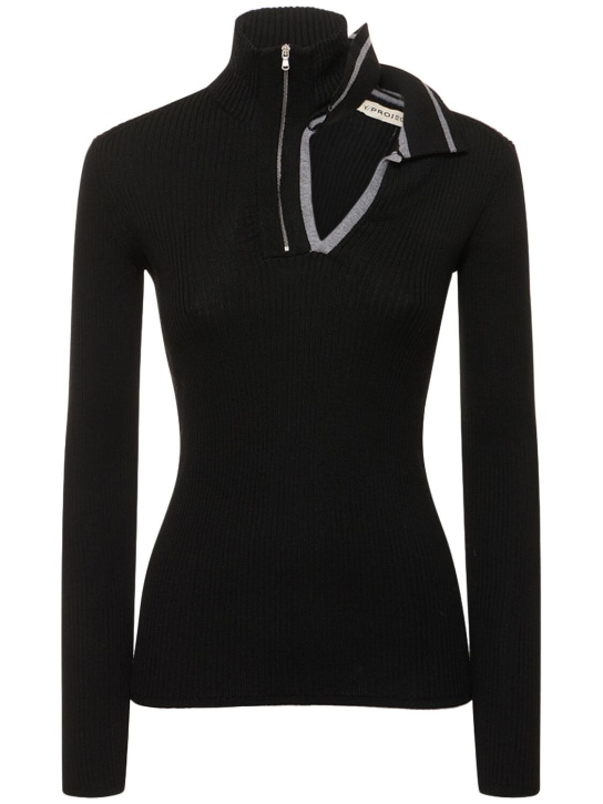 Y/PROJECT: Double collar rib knit fitted sweater - Black/Grey - women_0 | Luisa Via Roma