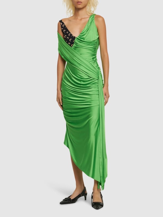 Marine Serre: Draped shiny viscose jersey midi dress - Yeşil - women_1 | Luisa Via Roma