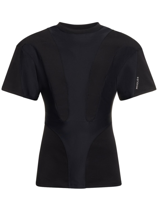 MUGLER: Paneled cotton & nylon slim t-shirt - Siyah - men_0 | Luisa Via Roma