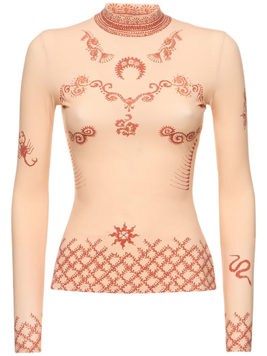 Marine Serre: Henna print long sleeved second skin top - Beige/Red - women_0 | Luisa Via Roma