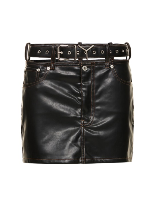 Y/PROJECT: Faux leather mini skirt w/logo belt - Siyah - women_0 | Luisa Via Roma