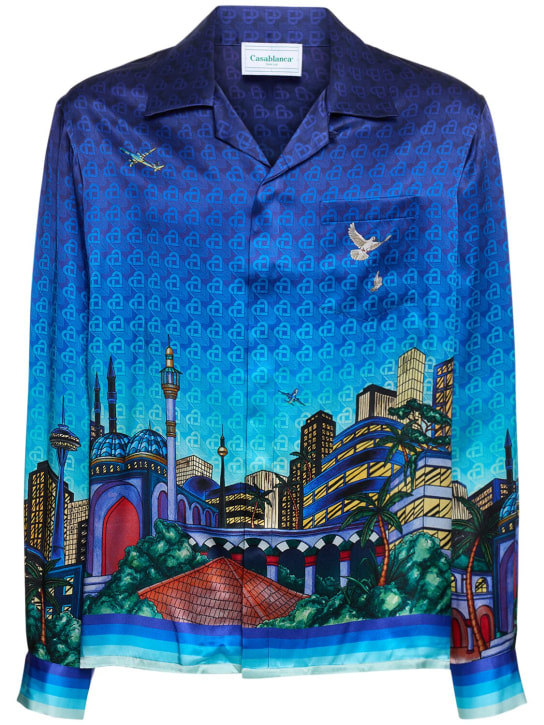 Casablanca: Night View print silk twill shirt - Mavi - men_0 | Luisa Via Roma