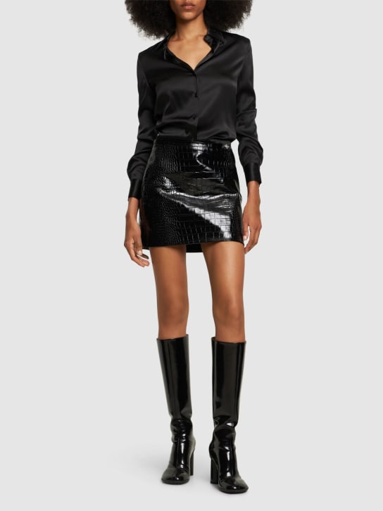 Versace: Crocodile embossed leather mini skirt - Siyah - women_1 | Luisa Via Roma