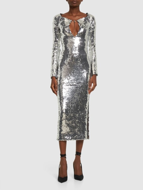16arlington: Solare sequined lace-up midi dress - Silver - women_1 | Luisa Via Roma