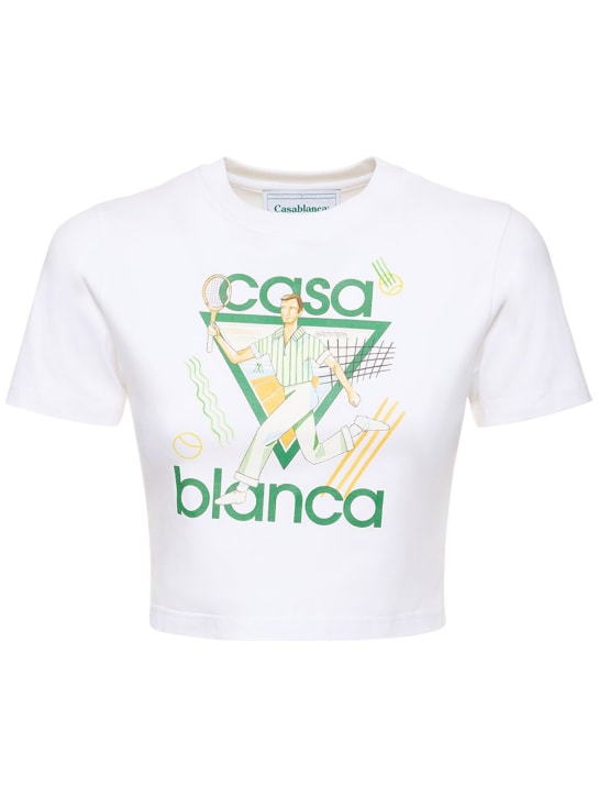 Casablanca: T-shirt cropped in jersey con logo - Bianco/Multi - women_0 | Luisa Via Roma
