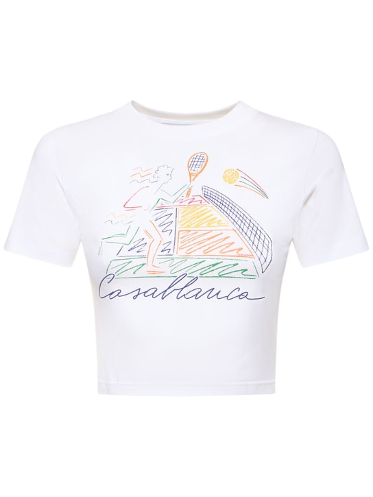 Casablanca: Printed logo jersey cropped t-shirt - women_0 | Luisa Via Roma