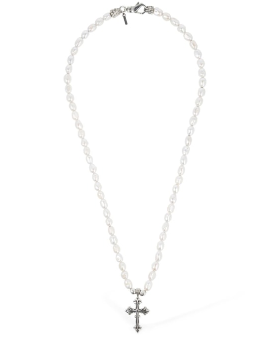 Emanuele Bicocchi: Kleine Perlenkette mit Kreuz „Avelli“ - Pearl/Silver - men_0 | Luisa Via Roma