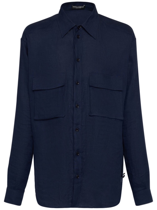 Dolce&Gabbana: Oversized linen shirt - Blue Scuro - men_0 | Luisa Via Roma