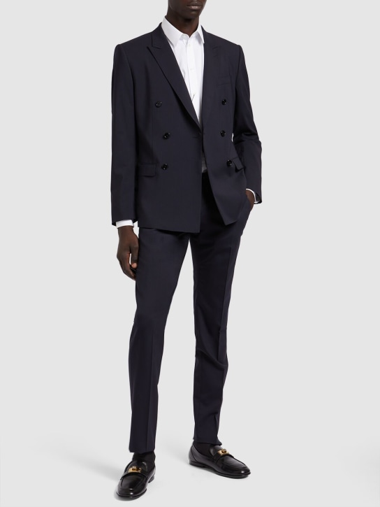 Dolce&Gabbana: Double breasted stretch wool suit - Blue Scurissimo - men_1 | Luisa Via Roma