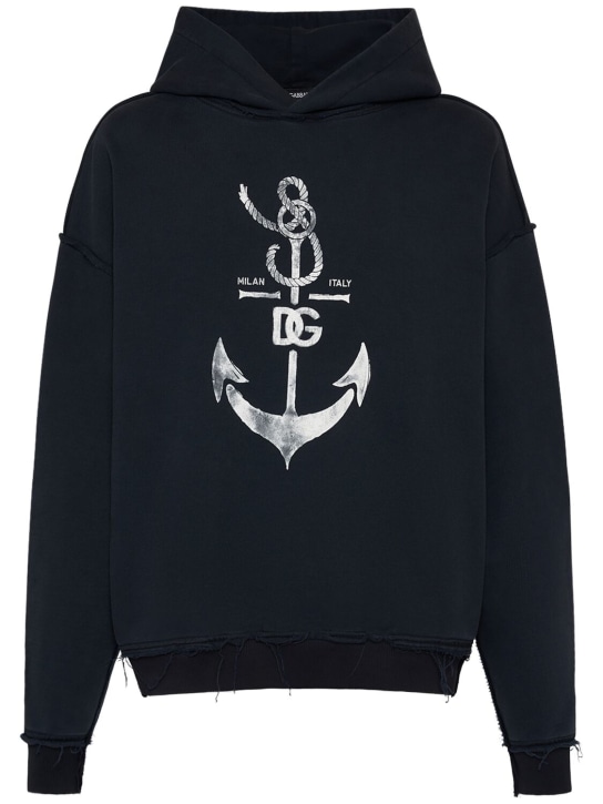 Dolce&Gabbana: Printed washed cotton jersey hoodie - Blue Scurissimo - men_0 | Luisa Via Roma