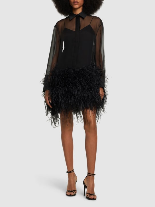 Valentino: Silk chiffon mini shirt dress w/feathers - Black - women_1 | Luisa Via Roma