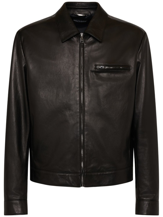 Dolce&Gabbana: Leather zip jacket - Siyah - men_0 | Luisa Via Roma