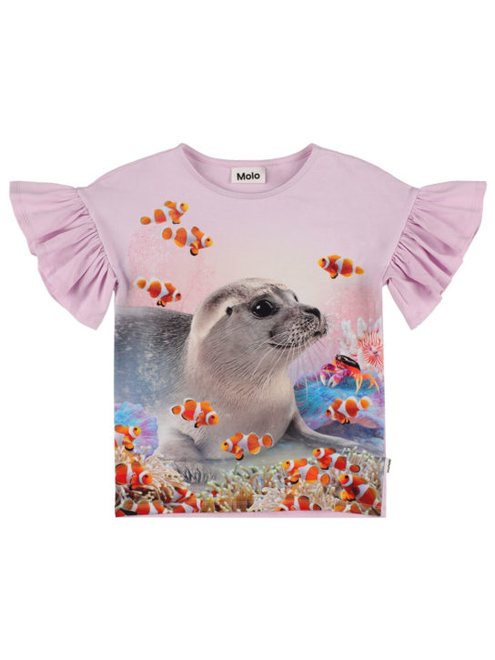 Molo: Seal Reef print organic cotton t-shirt - Light Purple - kids-girls_0 | Luisa Via Roma