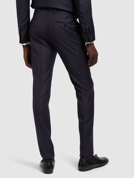 Dolce&Gabbana: Double breasted wool herringbone suit - Blue Stripe - men_3 | Luisa Via Roma