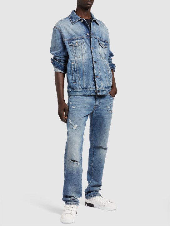 Dolce&Gabbana: Distressed denim five pocket jeans - Mavi - men_1 | Luisa Via Roma