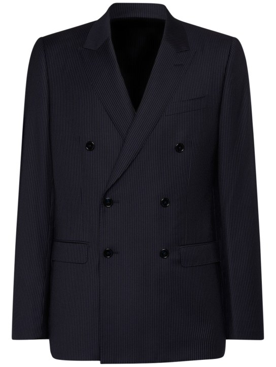 Dolce&Gabbana: Double breasted wool herringbone suit - Blue Stripe - men_4 | Luisa Via Roma