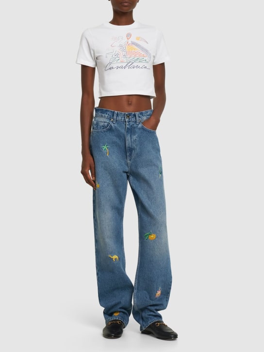 Casablanca: Printed logo jersey cropped t-shirt - women_1 | Luisa Via Roma