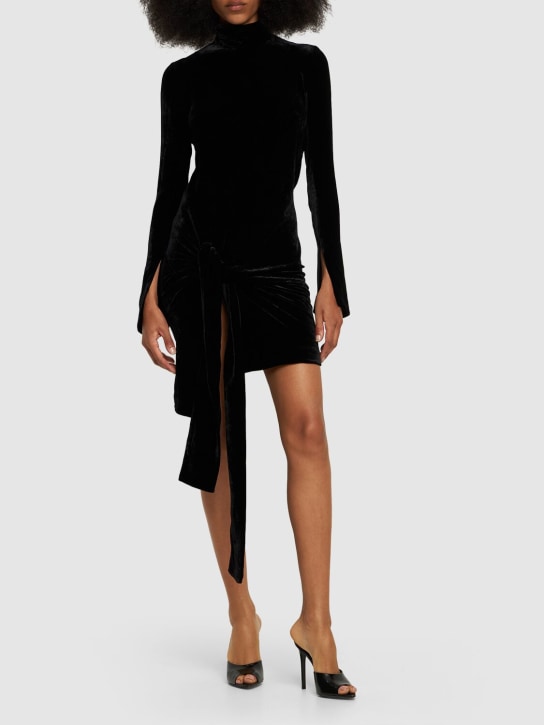 Petar Petrov: Velvet turtleneck mini dress w/ knot - Siyah - women_1 | Luisa Via Roma