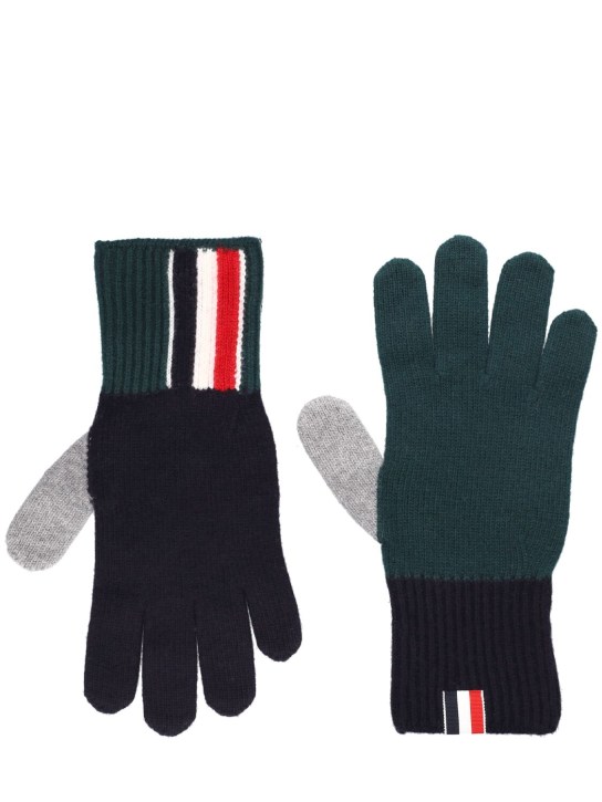 Thom Browne: Fun mix jersey stitch wool gloves - Dk Green - men_0 | Luisa Via Roma