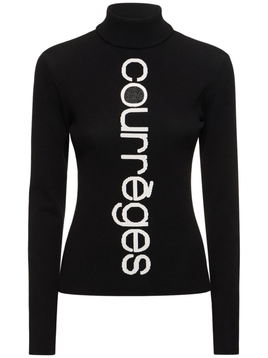 Courreges: Logo嵌花针织粘胶纤维混纺毛衣 - 黑色/白色 - women_0 | Luisa Via Roma