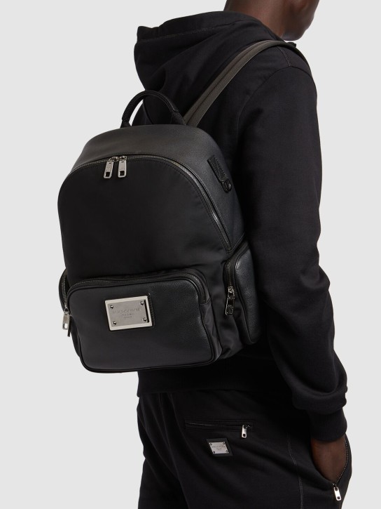 Dolce&Gabbana: Leather & nylon logo plaque backpack - Black - men_1 | Luisa Via Roma
