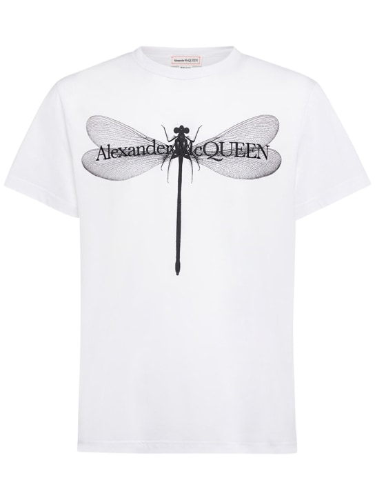 Alexander McQueen: T-Shirt aus Baumwolle mit Druck „Dragonfly“ - Weiß/Schwarz - men_0 | Luisa Via Roma