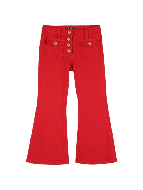 Balmain: Jeans svasati in denim di misto cotone - Rosso - kids-girls_0 | Luisa Via Roma