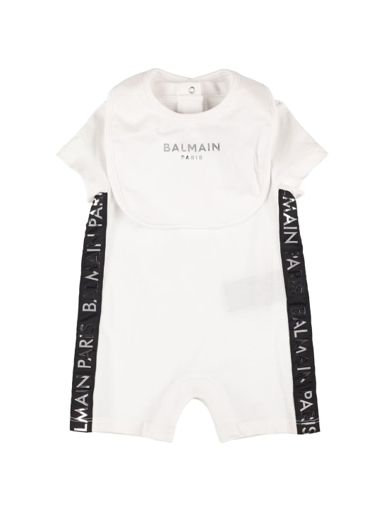Balmain: Organic cotton jersey romper & bib - White - kids-boys_0 | Luisa Via Roma