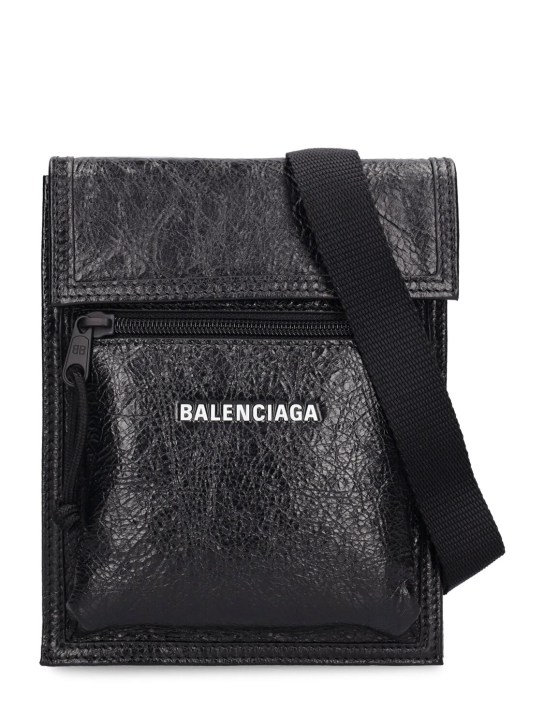 Balenciaga: Explorer leather crossbody bag - Siyah - men_0 | Luisa Via Roma