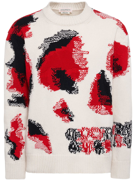 Alexander McQueen: Crafted wool blend knit sweater - Ivory/Red - men_0 | Luisa Via Roma